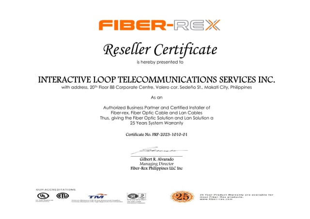 Fiber-Rex Philippines certificate issued to Interactive Loop Telecommunications Services