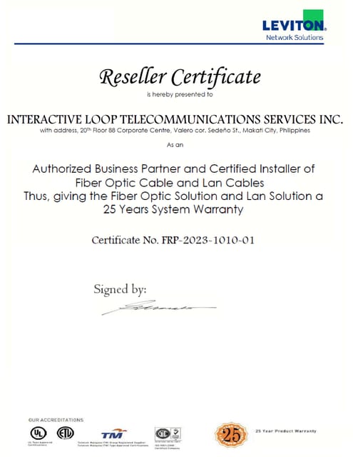 Leviton Network Solutions certificate issued to Interactive Loop Telecommunications Services