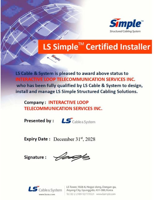 LS Cable   System certificate issued to Interactive Loop Telecommunications Services