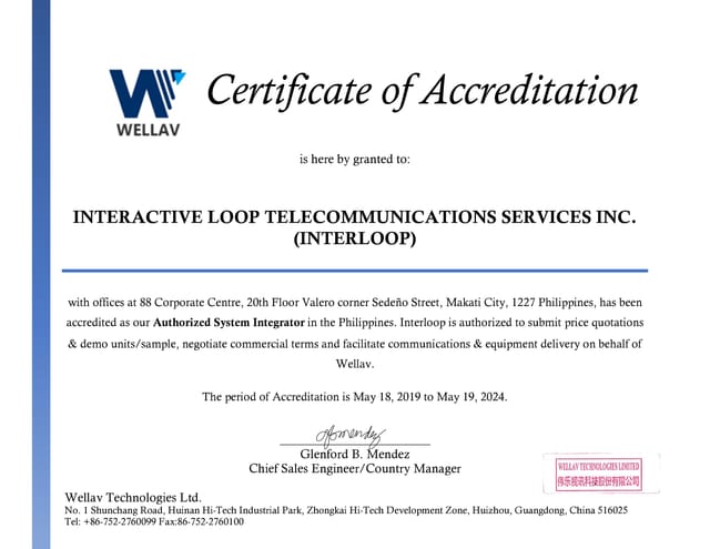 Wellav Technologies certificate issued to Interactive Loop Telecommunications Services