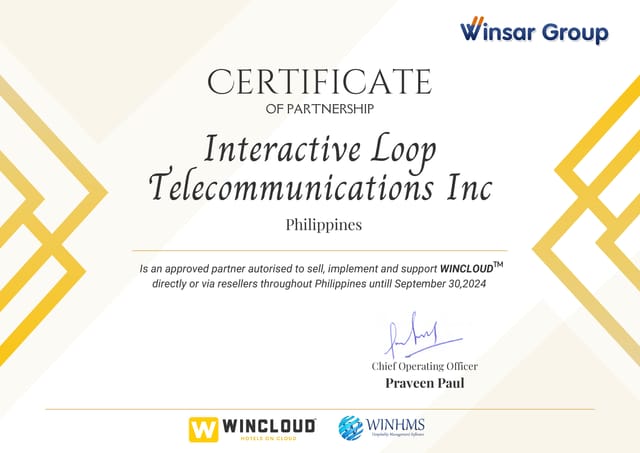 Winsar Group certificate issued to Interactive Loop Telecommunications Services